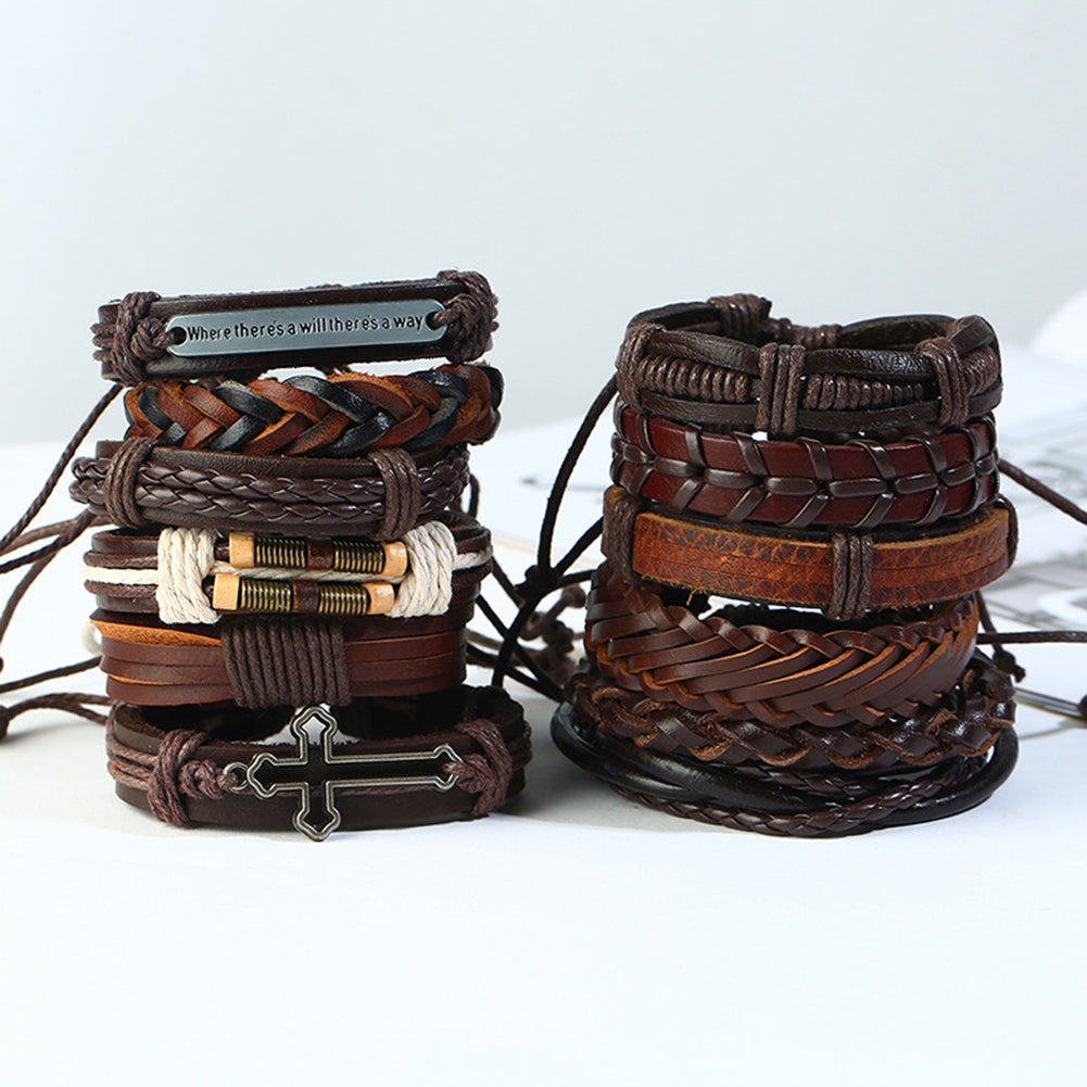 Pack Of 12 Vintage Men Leather Multi-Layer Braided Bracelets