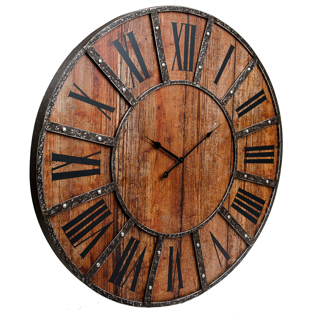 30" Rustic Wood Plank & Metal Frameless Farmhouse Wall Clock