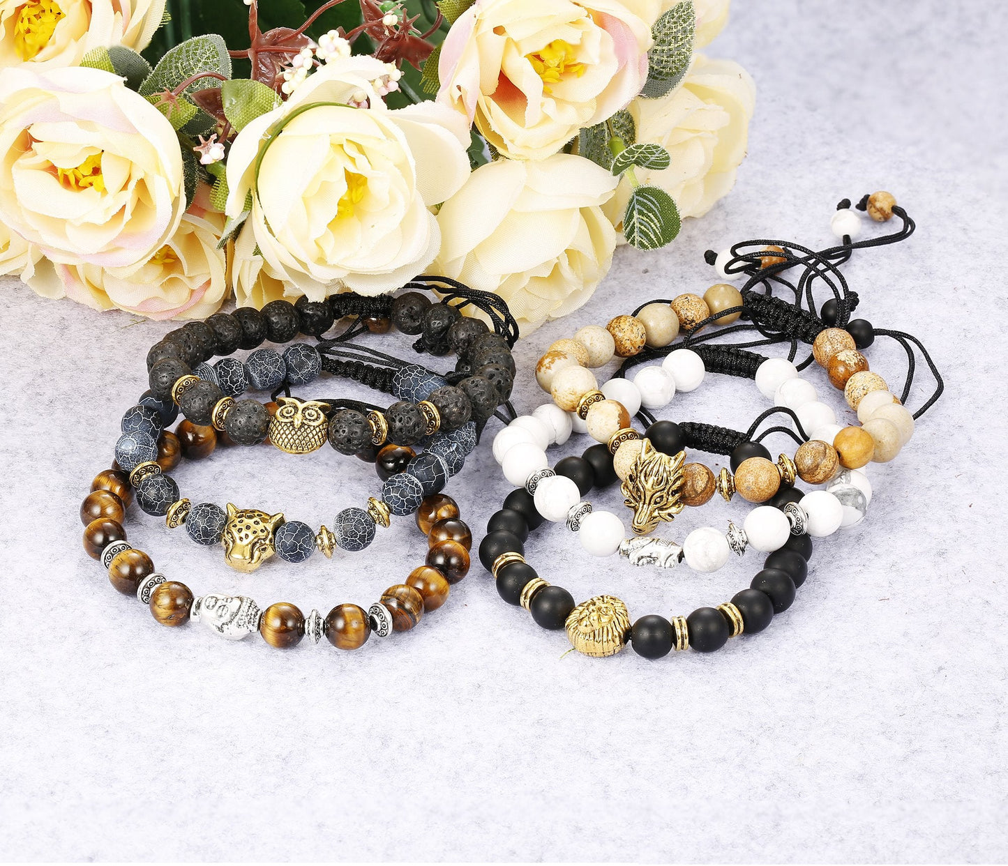 6PCS Mens Bead Bracelets Set Dragon/Lion/Panther Charm Natural Stone Bracelet, 8MM