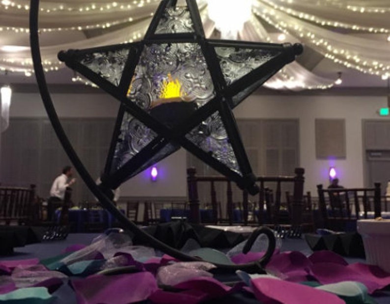 Elegant Sapphire Star Lantern and Glass Candle Holder, Vintage Blue