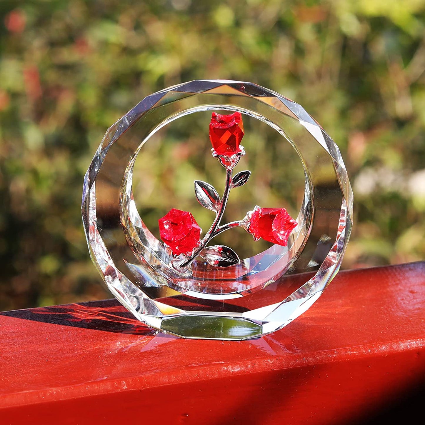 Crystal Tulips Flower Figurines with a Outer Circular Ring for Home Decoration (Ruby)
