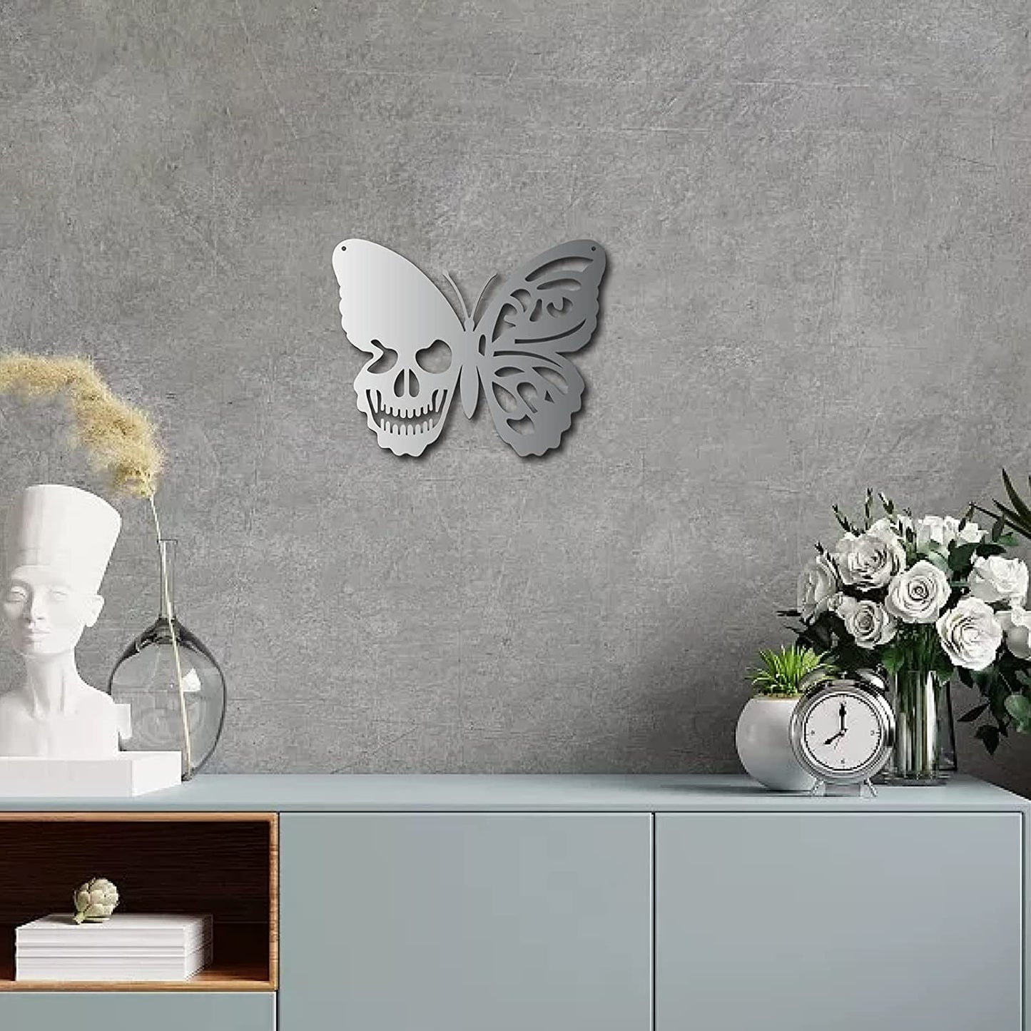 Large Silver Skull Metal Wall Art Butterfly Decoration 11.8 x 9.4 Inch