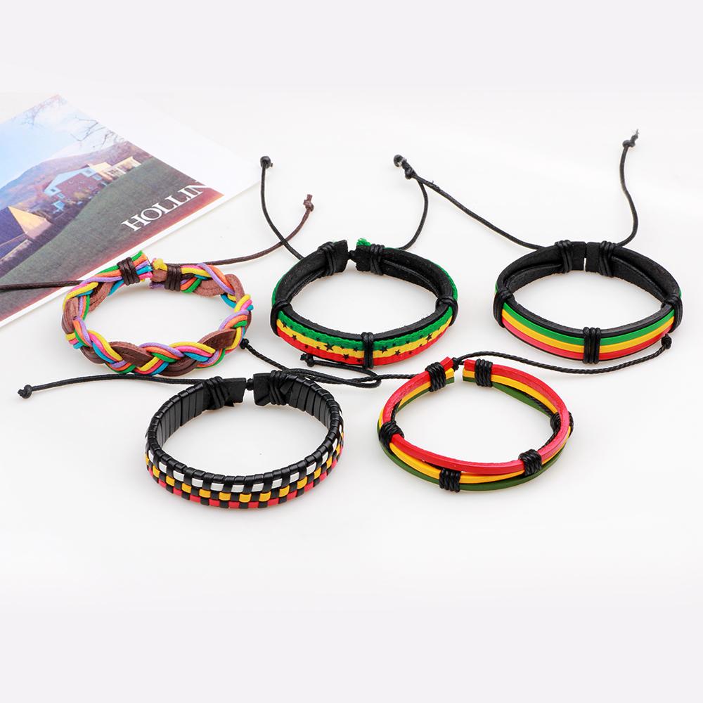 Jamaican Reggae Hippie Leather Unisex Wrap Bracelet 5 pcs Set