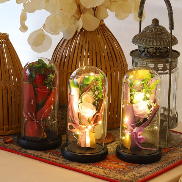 Rose In Glass Rose bouquet Glass Forever Preserved Roses bouquet Gift LED Mood - A