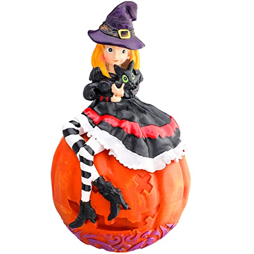 Halloween Little Witch Sitting on a Pumpkin Statue Figurine
