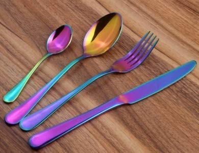 Lightahead 24pcs Rainbow colored Iridescent Stainless Steel Flatware Tableware Cutlery Set in attractive Black Gift Box (Multicolored) 24 Rainbow Colored