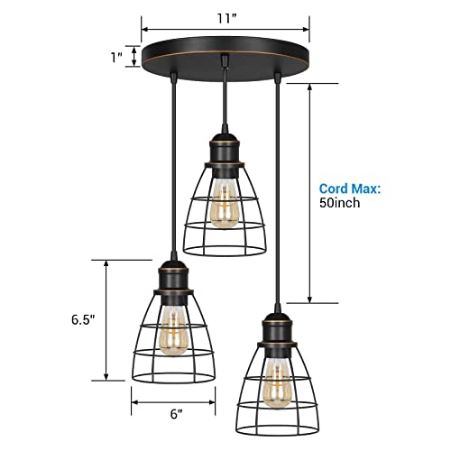 Industrial 3-Light Pendant Lighting, Adjustable Fixtures w/ ORB Metal Caged E26 Base