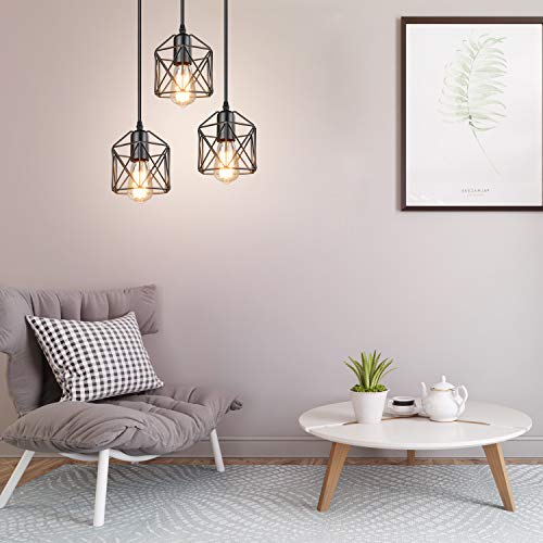 Industrial 3 Pendant Lighting, Adjustable Hanging Light Fixtures w/ Metal Caged E26 Base, Black