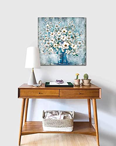 White Flower in Blue Bottle Wall Art Canvass