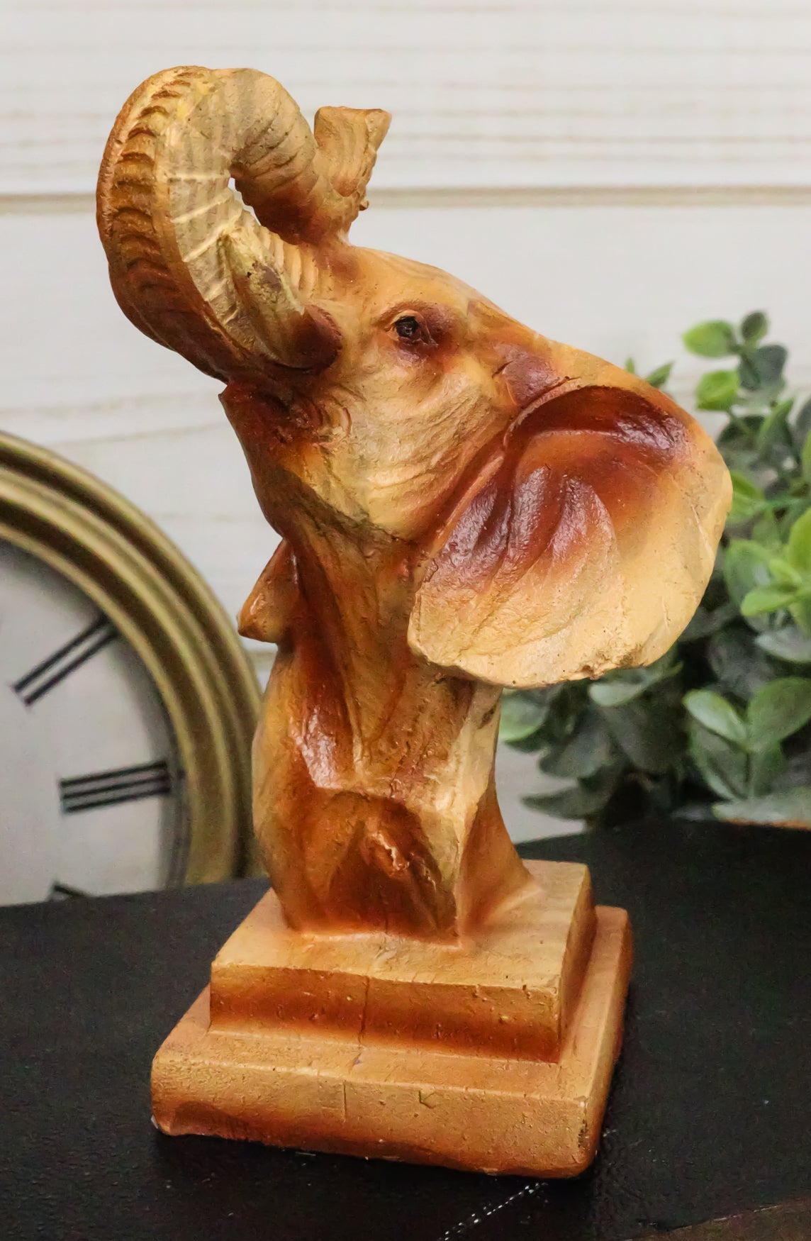 Safari Wildlife Elephant Bust Wood Carving Figurine