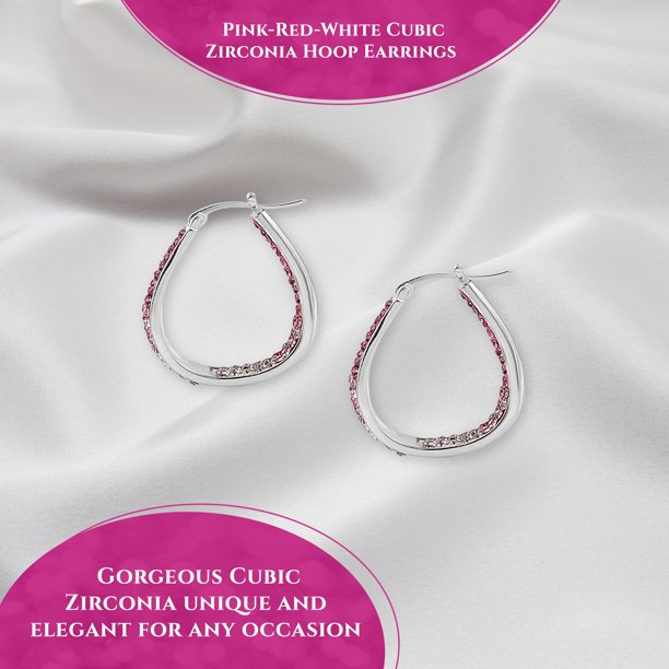 Pink Red Crystal Inside Out Elegant Hoop Earrings Silvertone