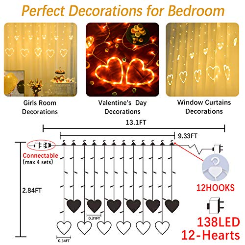 Valentine's Day Heart-Shaped LED Curtain String Lights,138 LED Connectable 8 Flashing Modes