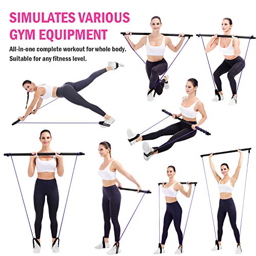 Pilates Bar Kit w/ 2 Latex Exercise Resistance Bands for Portable Home Gym Workout