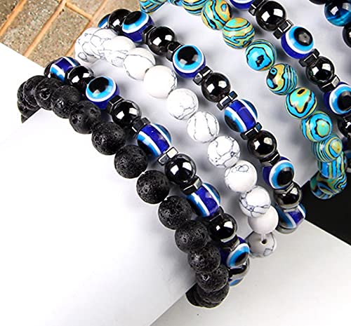 12Pcs Evil Eye Beaded Bracelet Set-8mm Natural Stone Blue Eye for Protection and Blessing