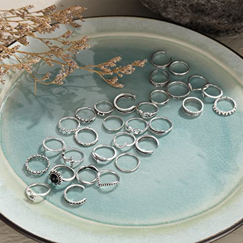 75 Pcs Vintage Silver Knuckle Boho Stackable Midi Crystal Rings Set