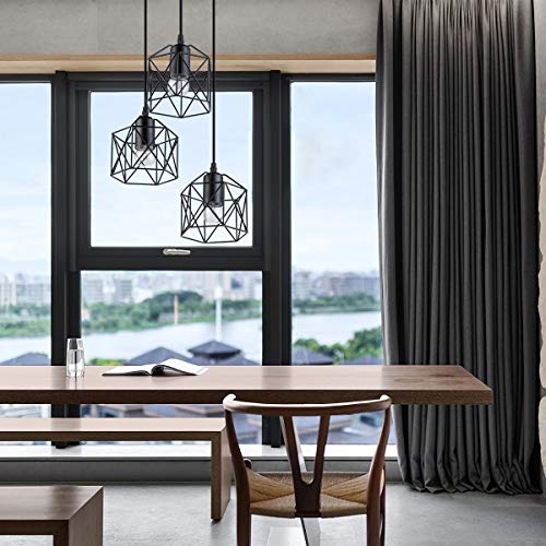 Industrial 3-Light Adjustable Pendant Lighting w/ Black Metal Cage Shade