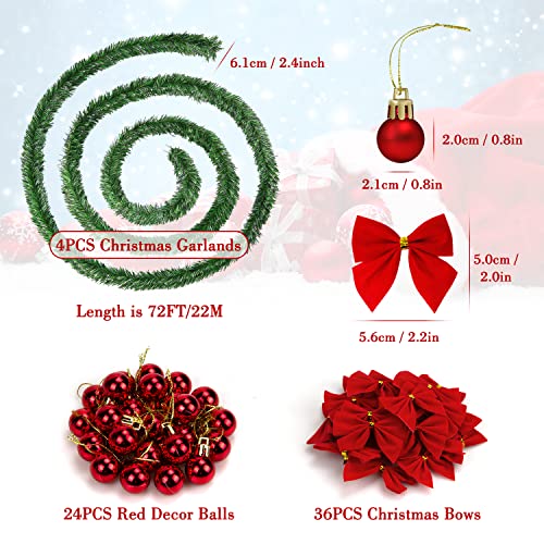 72Feet/22M Christmas Garland w/ 24 Ball Ornaments & 36 Red Bows