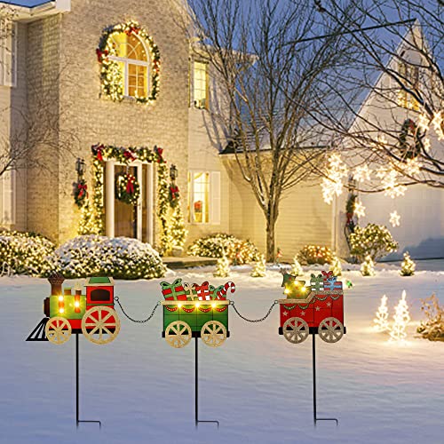 Christmas Metal Lighted Train Garden Stake Decoration