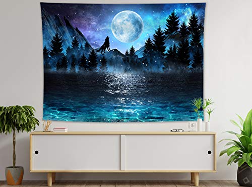 Galaxy Wolf on Mountain Starry Night Sky Forest Moon Over Ocean Wall Hanging Tapestry