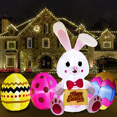 6FT Easter Inflatables Decorations, Happy Easter Bunny & Eggs w/ 5 LEDs