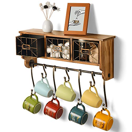 Rustic Wall Shelf with Hooks & Baskets