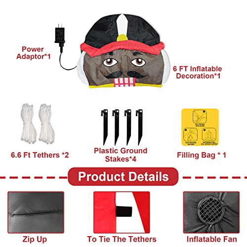 6Ft Christmas Inflatables Black Nutcracker Holds Candy Cane w/ LED Lights