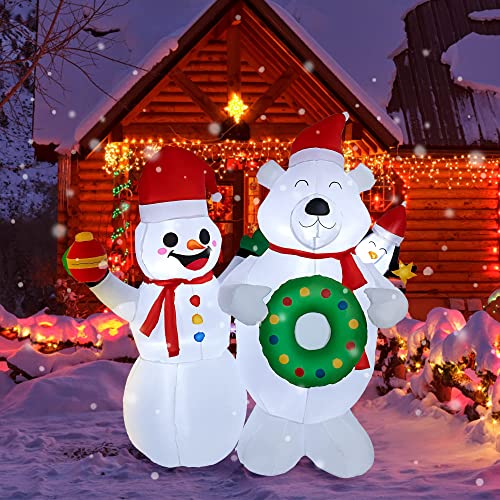 6FT Blow up Polar Bear w/ Snowman Built-in LED for Holiday Decoration