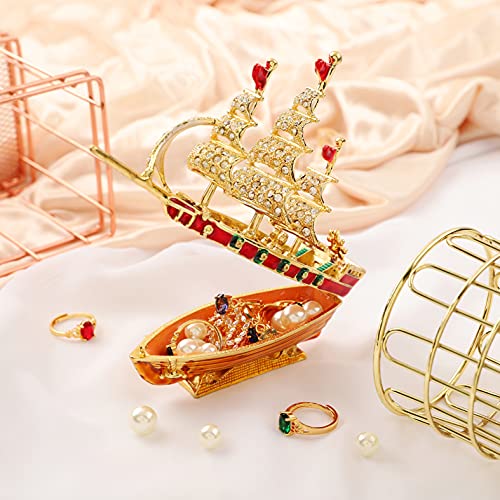 Hand Painted Enameled Ship Style Decorative Hinged Jewelry Trinket Box Home Decor