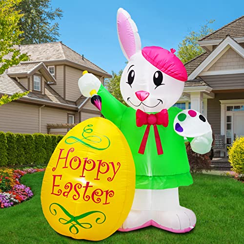 6 Ft Easter Inflatable Artist Bunny w/ Lighted Egg Holding Paintbrush