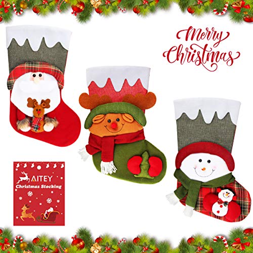 3 Pcs 18" Christmas Big Stockings Santa Snowman Reindeer Character 3D Plush Faux Fur