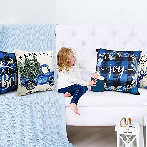 18x18 Christmas Decorations Black and Blue Buffalo Check Plaid Throw Pillowcase Pillow Covers Set of 4