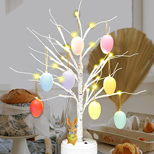 Easter Lighted Tree Decoration, 24 LED White Birch Tree w/ 10 Hanging Eggs Ornaments