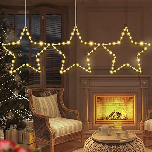 3 Pack Christmas Window Star Lights with Timer Battery Operated Christmas Light Decoration, Warm White