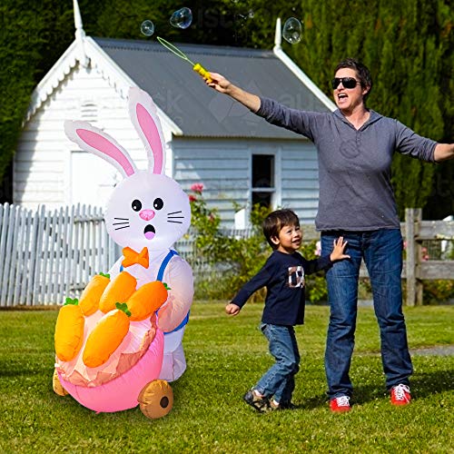 5 Ft Inflatable Easter Day Decoration, Blow Up Bunny & Cart w/ 5 Carrots in It- Lighted