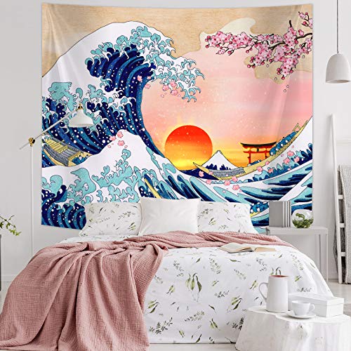Japanese Great Kanagawa Wave with Sunset Cherry Blossom Wall Hanging Tapestry