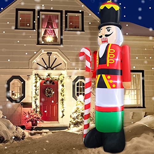 10 Feet Giant Christmas Inflatables Nutcracker Holds Candy Cane w/ LED Lights