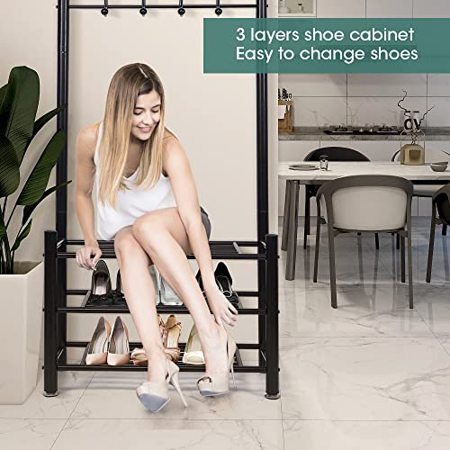 Coat Rack w/ 3-Tier Shoe Rack & 14 Hooks for Clothes Hat Umbrella