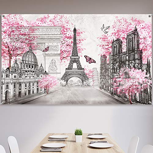 Paris Backdrop Eiffel Tower European City Landscape Pink Wall Hanging Tapestry 72 x 43Inch