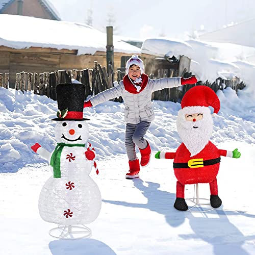 Set of 2 Collapsible 3.0FT Snowman 2.6FT Santa w/ 100 LEDs Plug-in Christmas Decoration