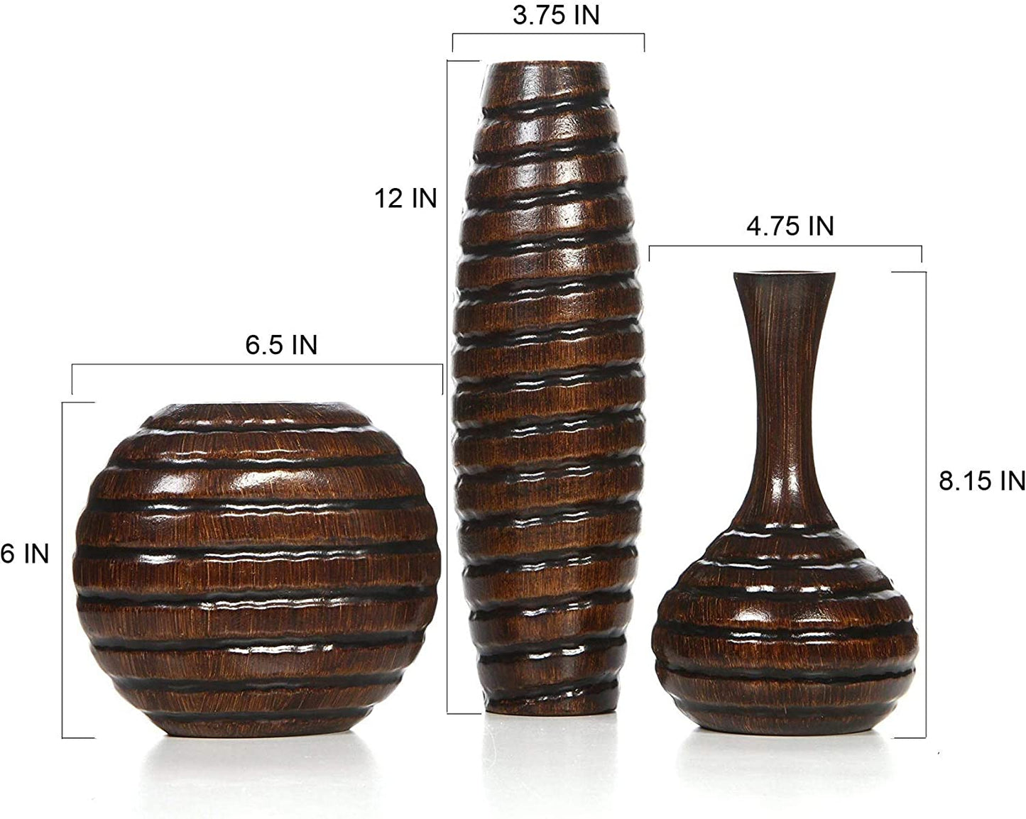 Set of 3 Carved Wood Vases