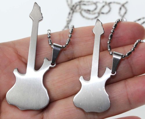 Couple Stainless Steel Guitar Pendant Necklace Set