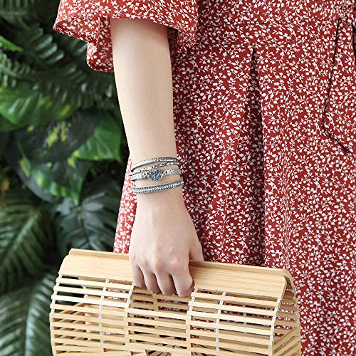 leather Wrap Bracelet Boho Cuff Bracelets Crystal Bead Bracelet with Magnetic Clasp