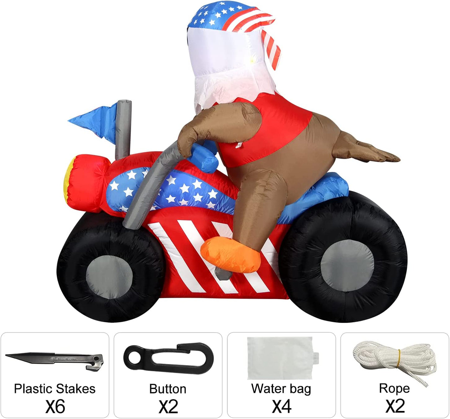 6 FT Long Patriotic Independence Day 4th of July Inflatable Bald Eagle Sitting on Motorcycle w/ LEDs