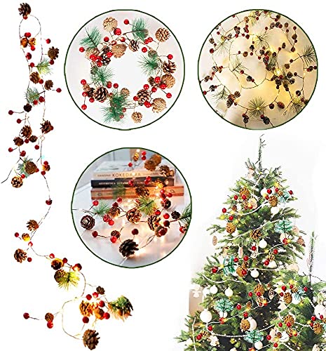 30 LED Christmas String Lights, 10 ft w/ Pinecone Red Berry Garland Battery Operated
