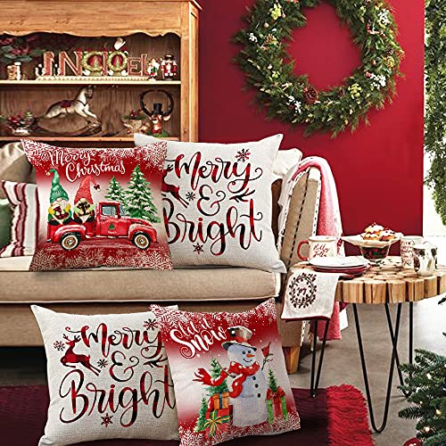 Set of 4 Merry Christmas Tree Snowman Throw Pillow Covers 18x18