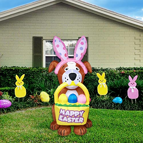 5 FT Easter Inflatables Dog w/ a Bunny Headband & LED Lights Home Decoration
