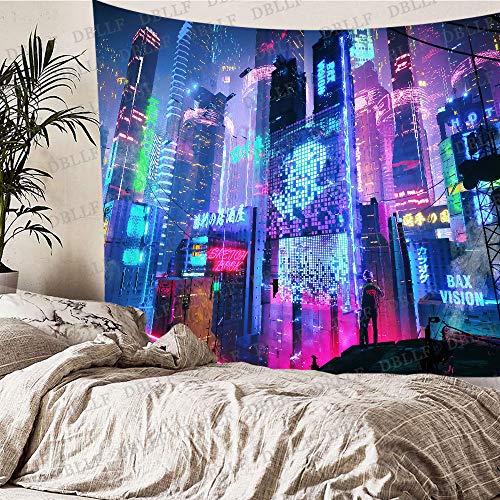 Futuristic Japanese Sci Fi Street Art Night View Cityscape Tapestry