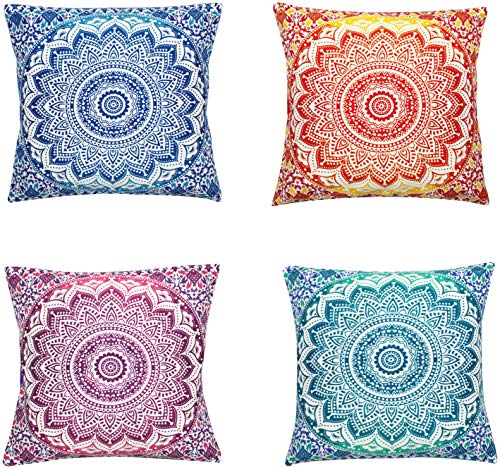 4 Set Peacock Mandala Beautiful Boho Throw Pillow Cover Case