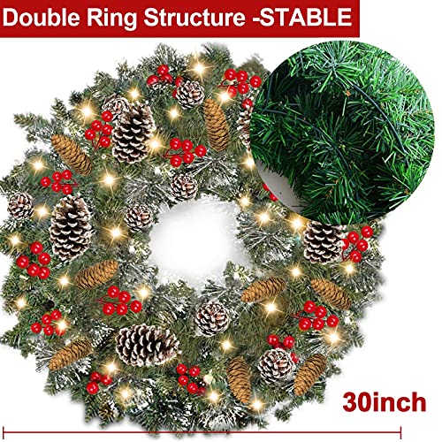 30 Inch Christmas Wreath with Lights with Timer Pre-lit Spruce Wreath with 80 LED Battery Operated