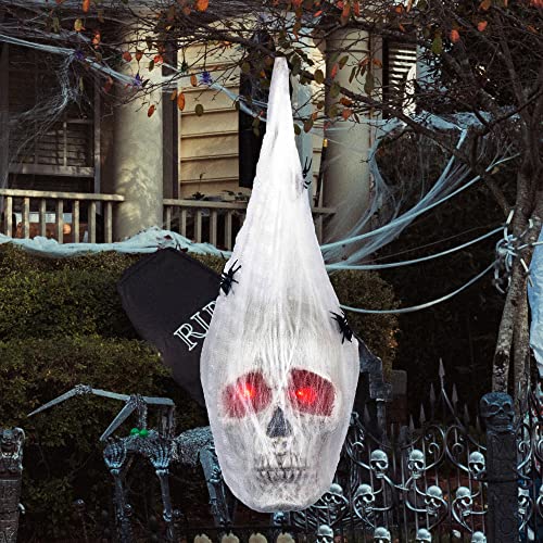 Halloween 13" Animated Hanging Head Covered w Spider Webs &Light Up Eyes